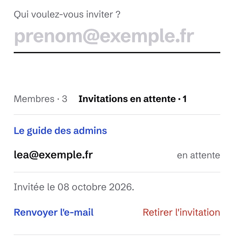 « Mon équipe », « Invitations en attente » : sous l'adresse invitée, les mots « Renvoyer l'e-mail » et « Retirer l'invitation ».