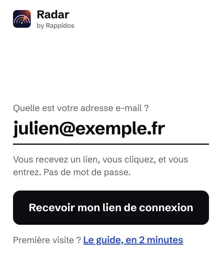 L'écran de connexion : une adresse e-mail et le bouton « Recevoir mon lien de connexion ».