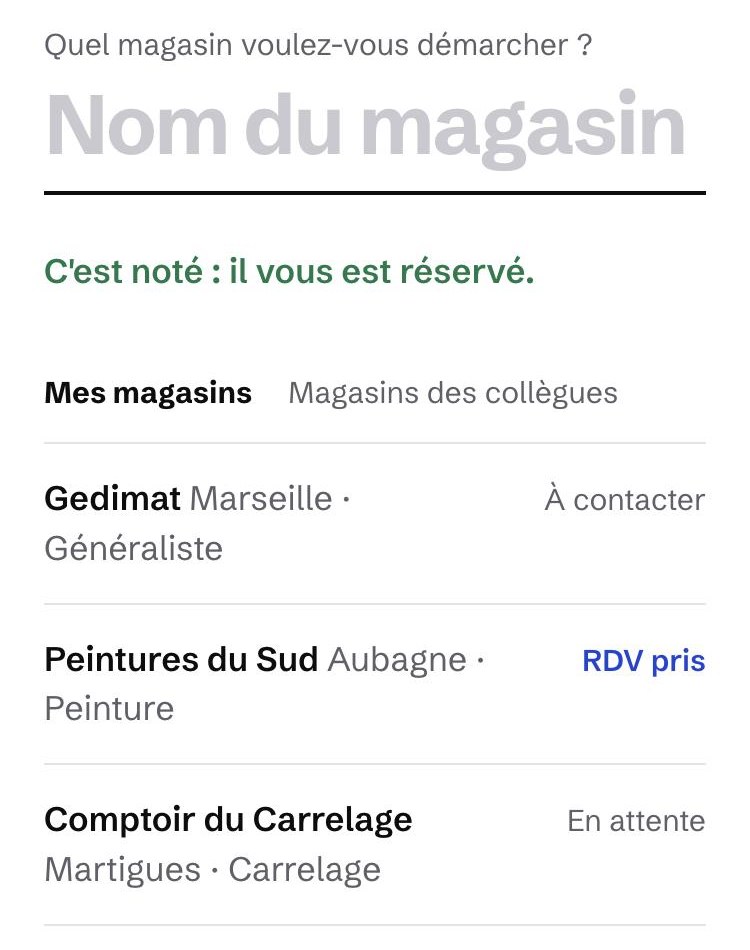 Après « Je le prends » : « C'est noté : il vous est réservé. », et « Gedimat » en haut de « Mes magasins ».